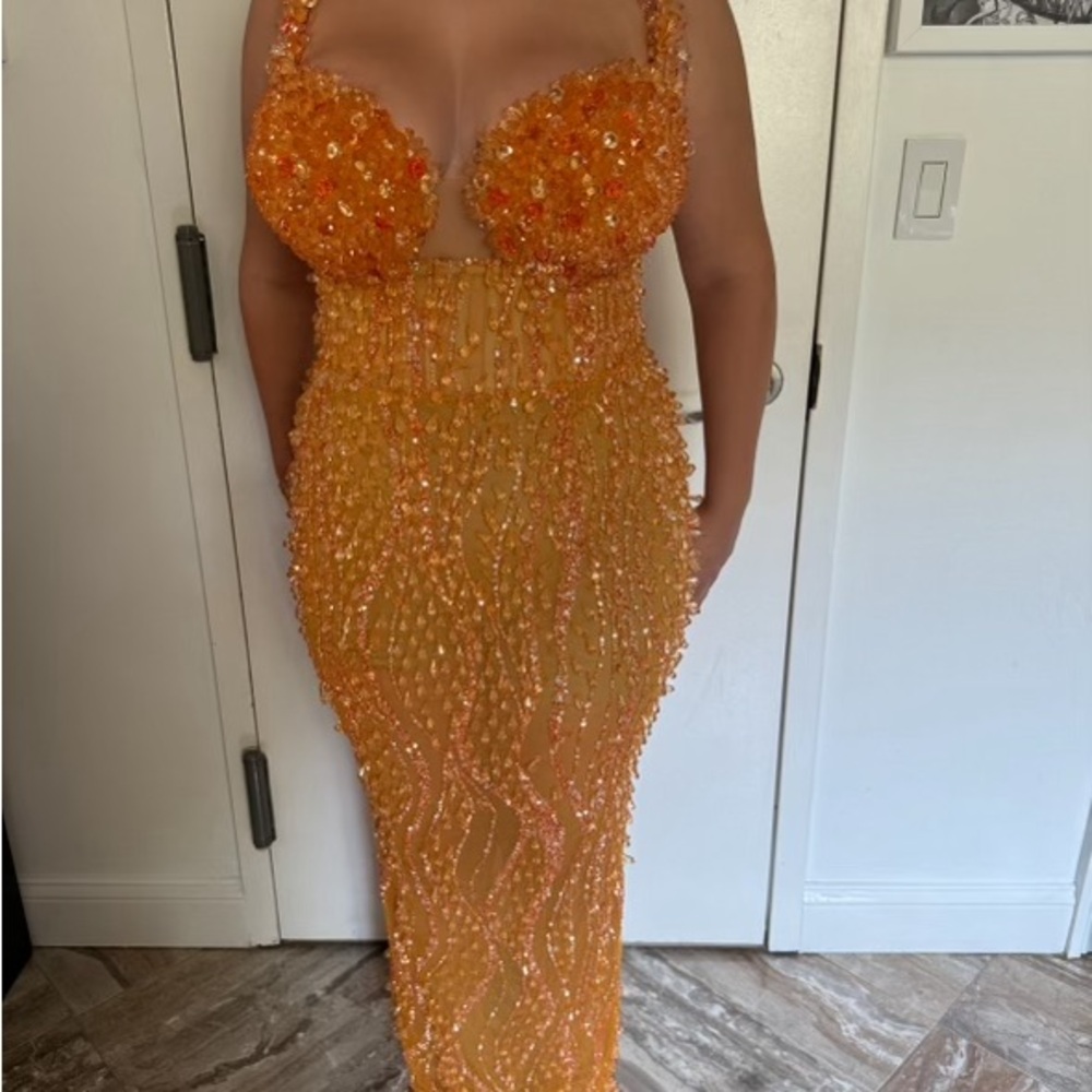 Orange and Gold Sequin Bodycon Maxi Dress
